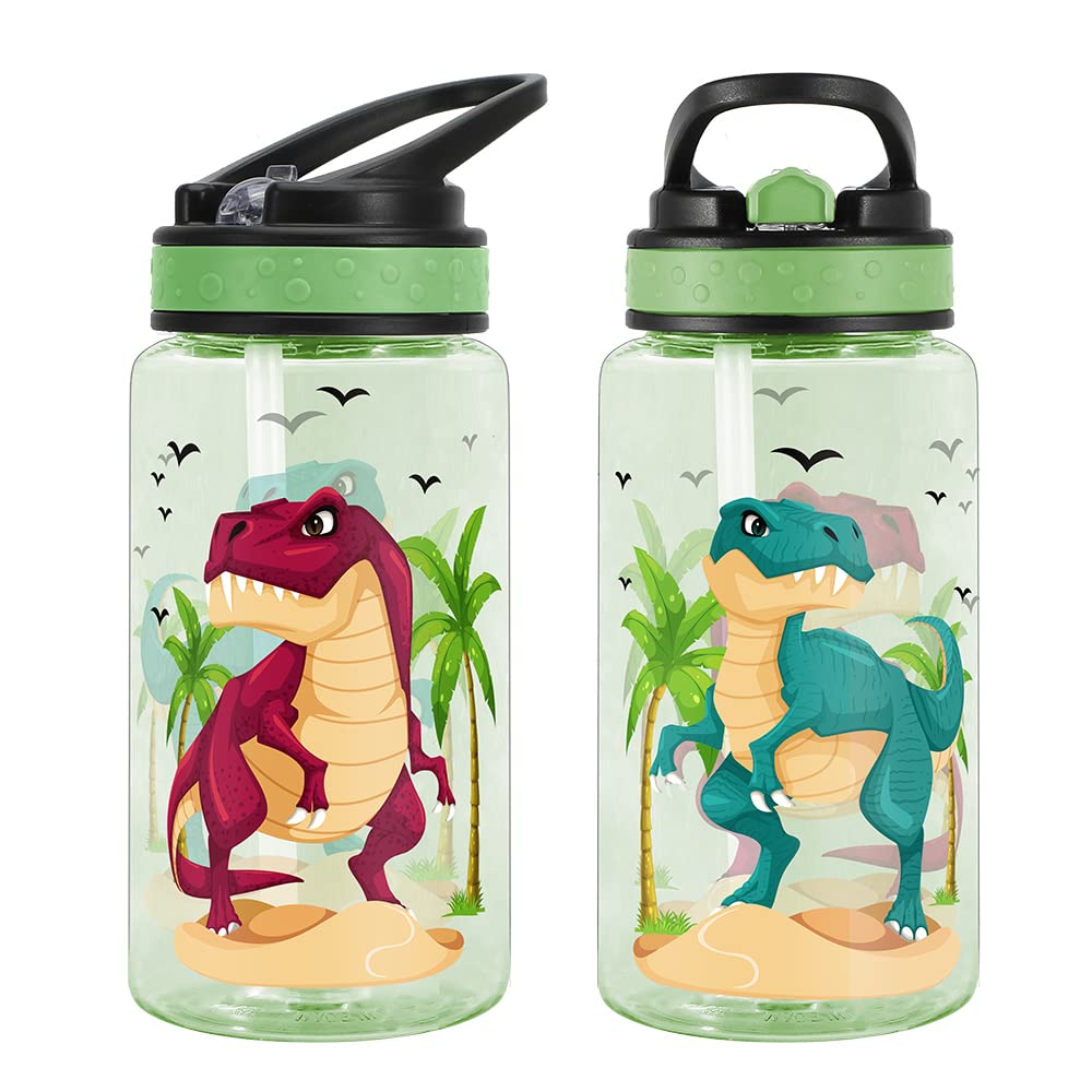 Home Tune dinosaur bottle flip lid shows leak-free sipping on the go.