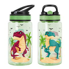 Home Tune dinosaur bottle flip lid shows leak-free sipping on the go.