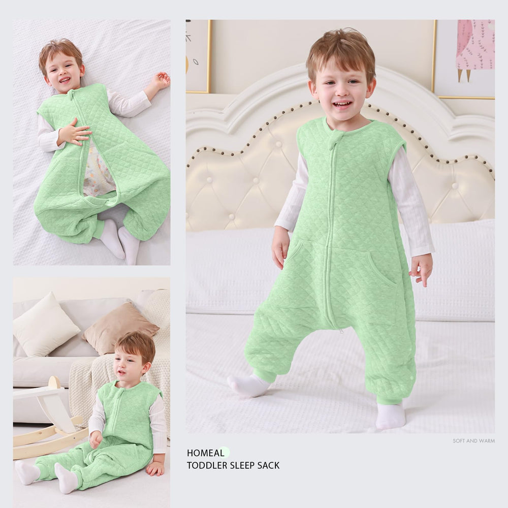 HOMEAL 1.0 TOG sage sleepsack comes in sizes 12M–7T to grow with toddlers.