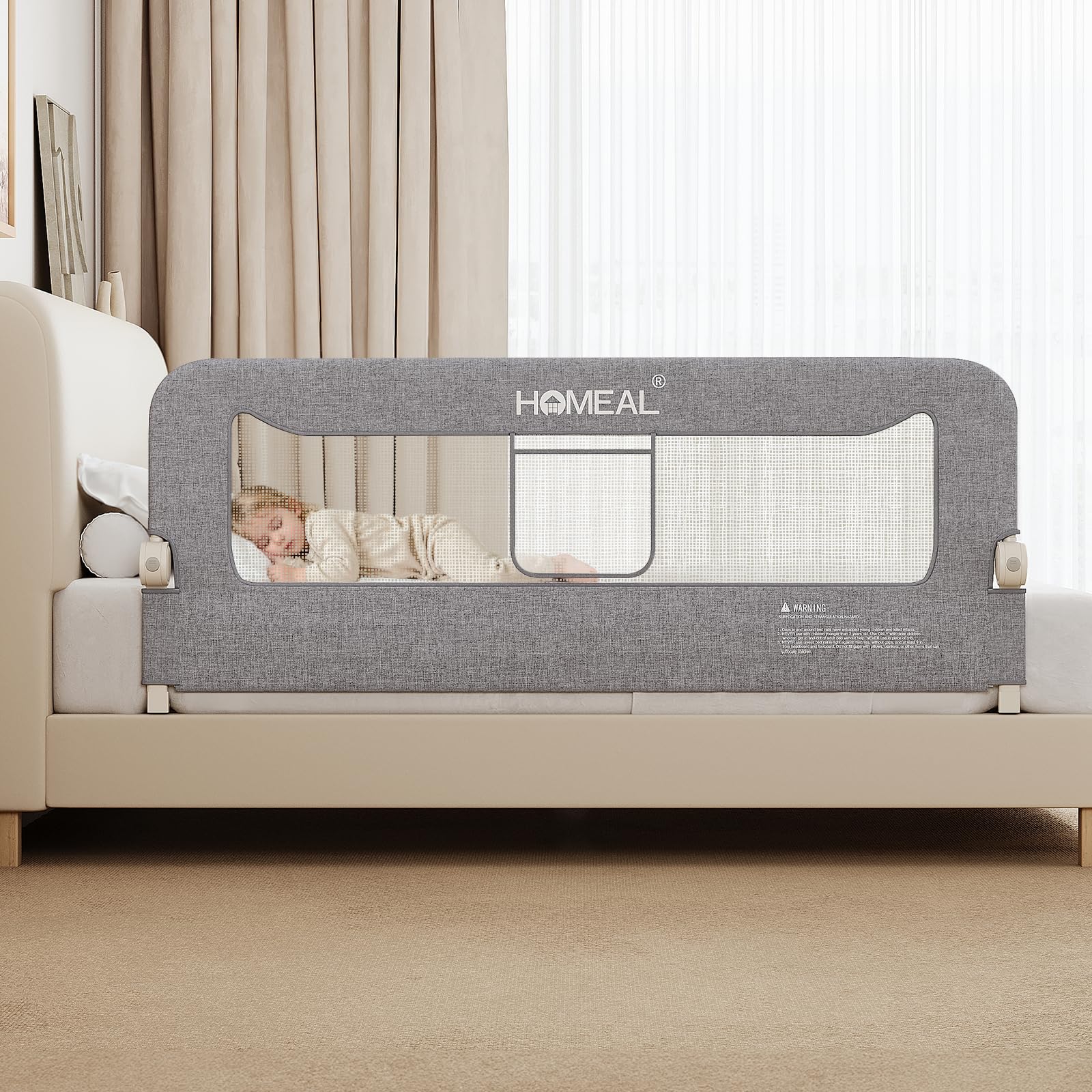 HOMEAL bed rail 59in assembly demonstrates a sturdy base for toddler safety.