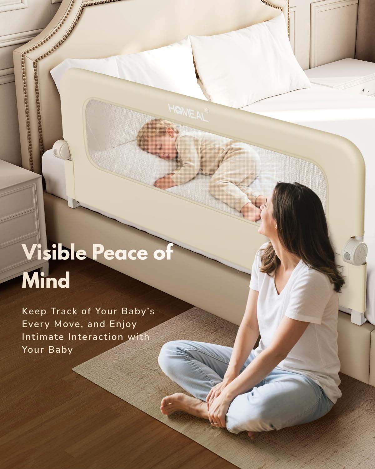 HOMEAL bed rail beige color blends with bedroom decor.