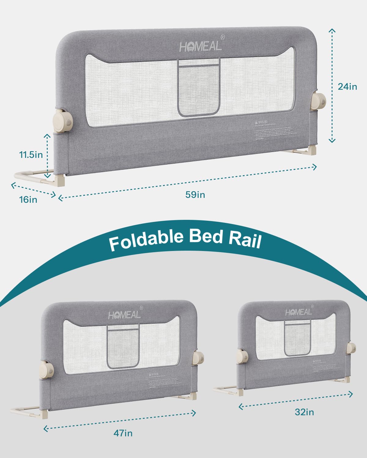 HOMEAL bed rail grey color complements bedrooms while guarding sleep.