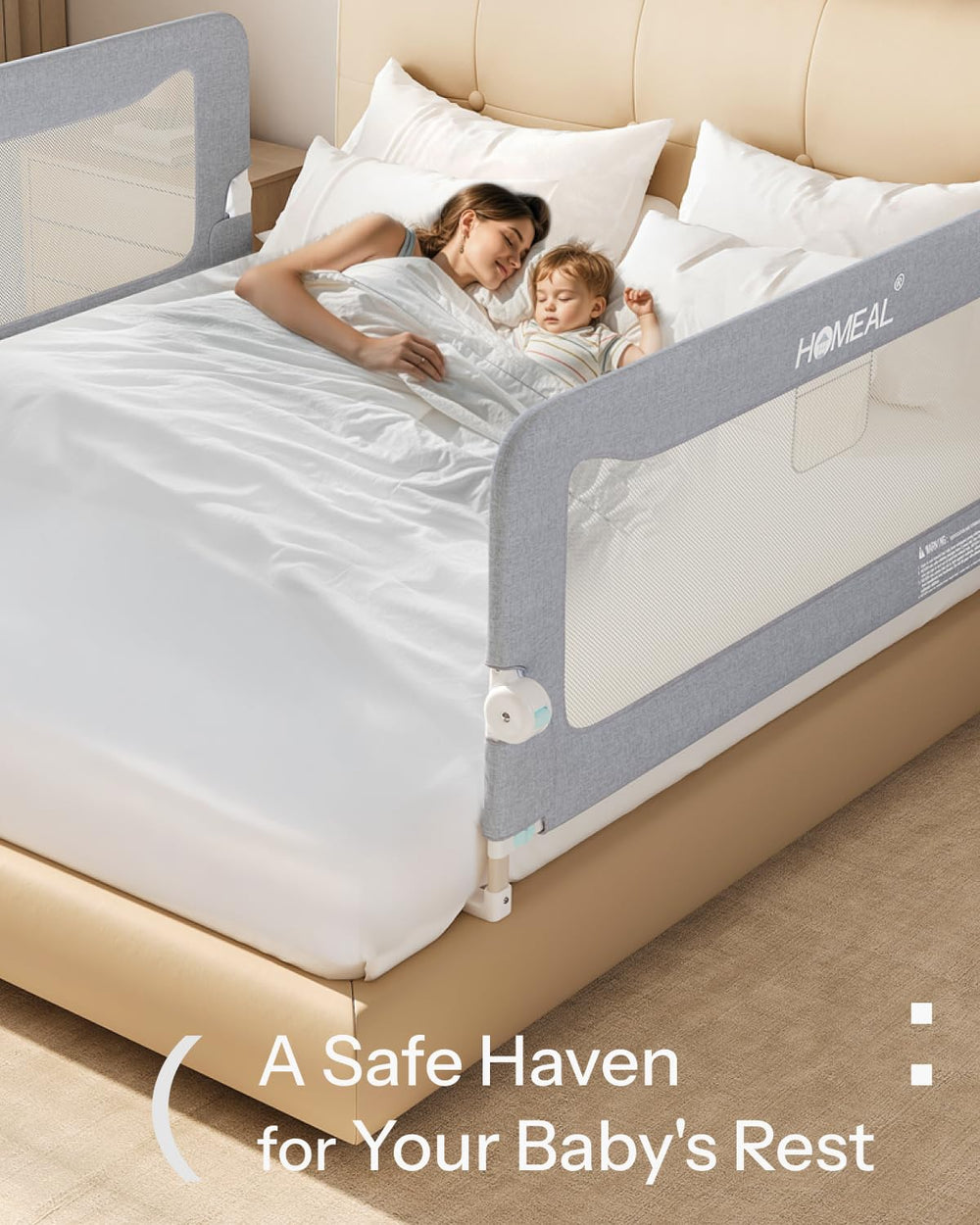 HOMEAL bed rail grey finish blends with nursery decor while safeguarding sleep.