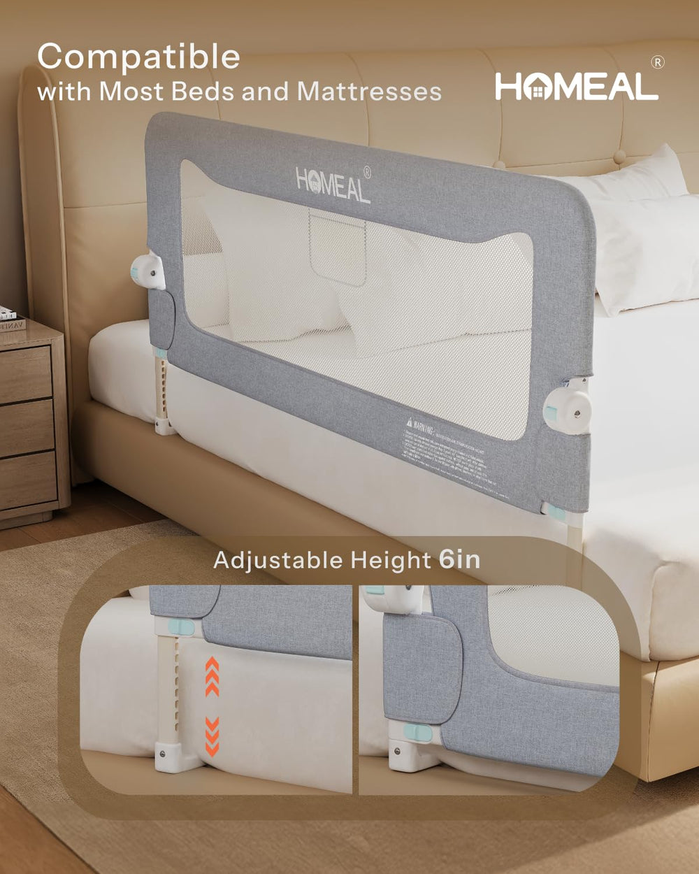 HOMEAL bed rail toddler height-adjustment for various mattress thickness