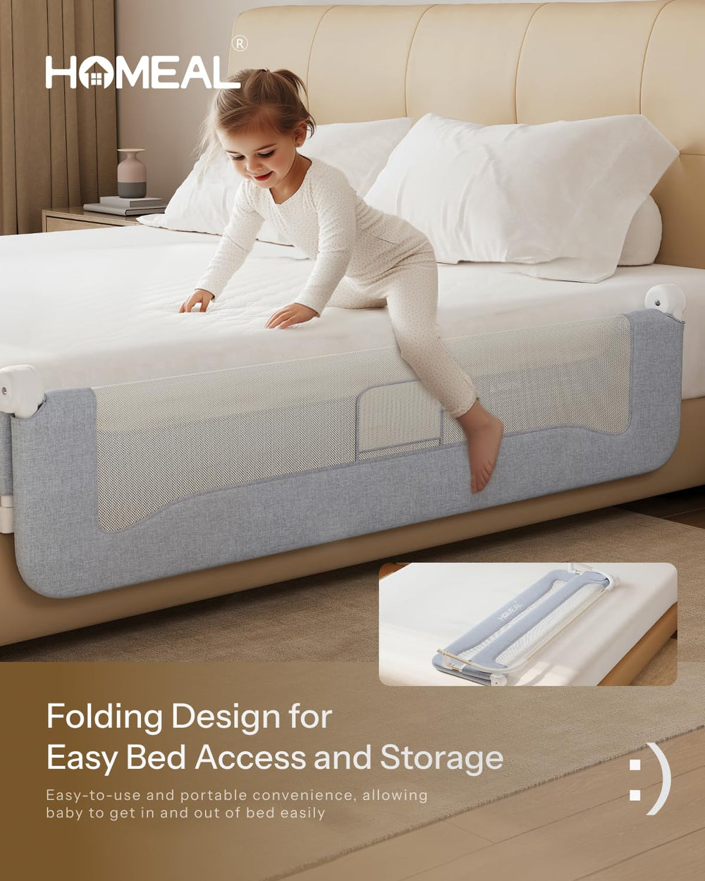 HOMEAL bed rail toddler swing-down design makes quick access easy