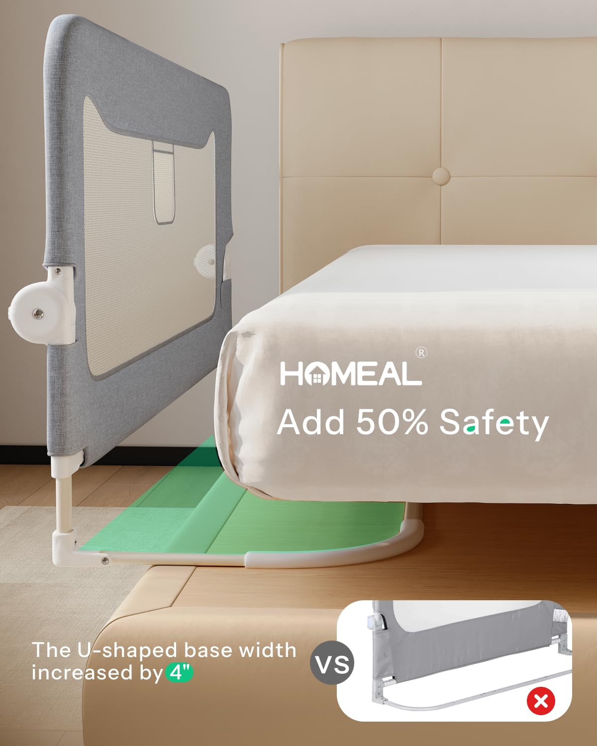 HOMEAL bed rail toddler u-shaped base improves safety and support