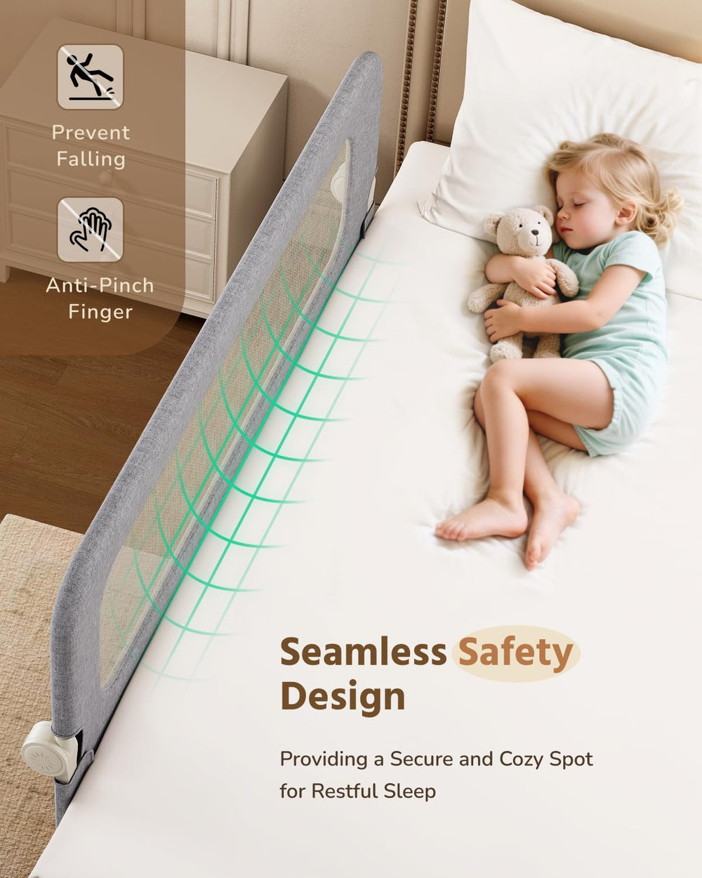 HOMEAL bed rail featuring breathable mesh fabric in grey