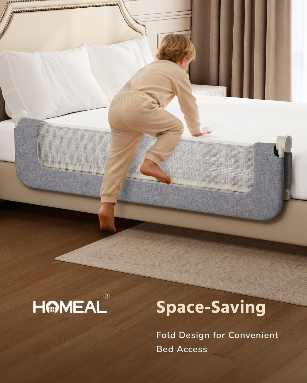 HOMEAL bed rail in folded-down position for easy daytime access