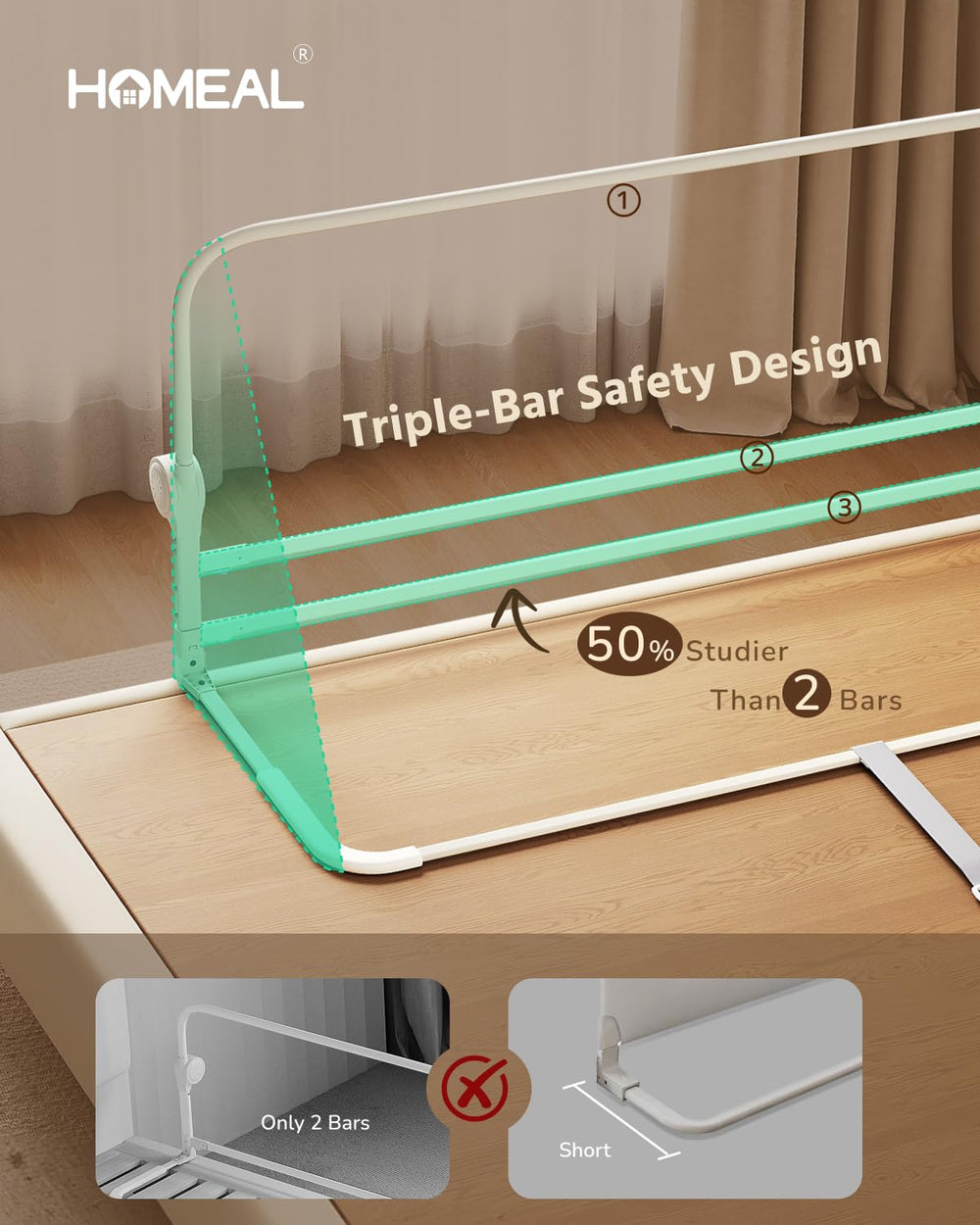 HOMEAL bed rail with extra-wide U-base in grey enhances stability