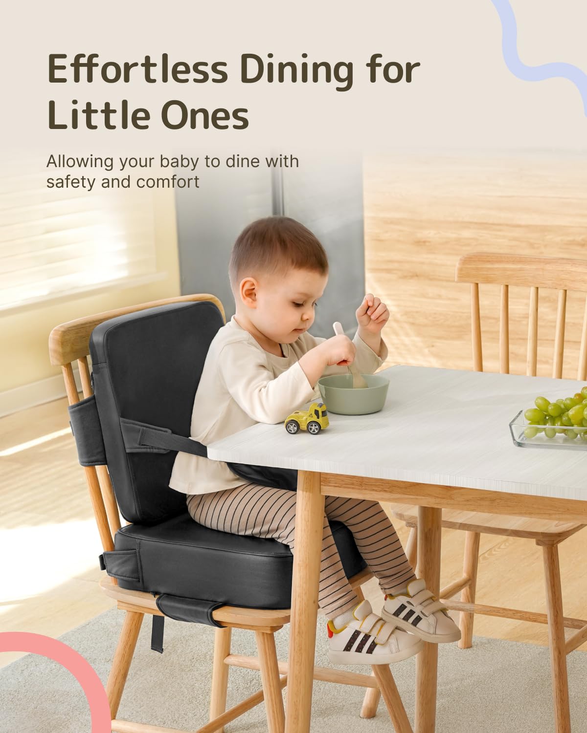 HOMEAL booster seat adjustable straps close-up shows secure fit across many chair backs