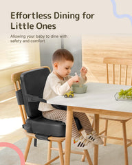 HOMEAL booster seat adjustable straps close-up shows secure fit across many chair backs