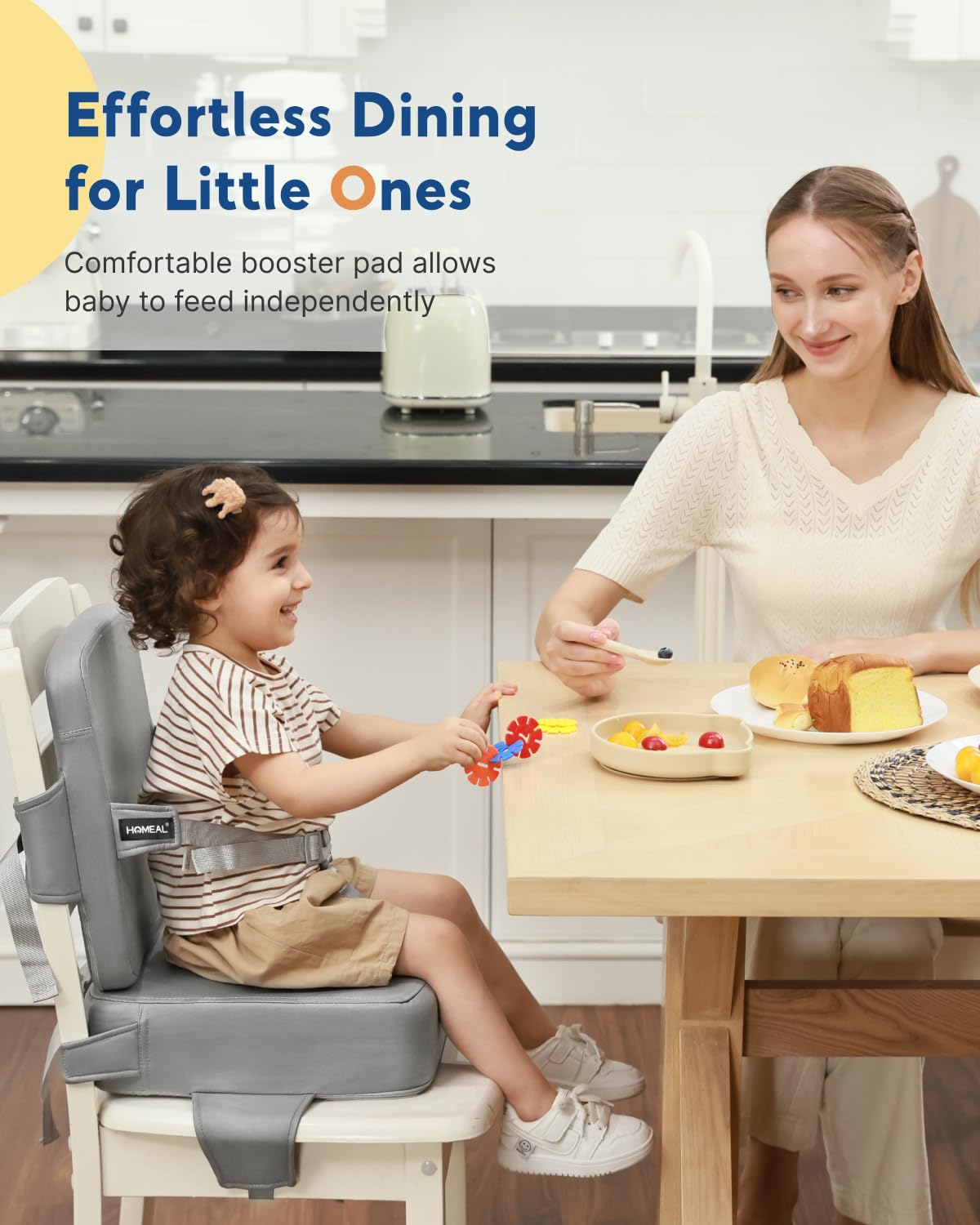 HOMEAL booster seat with breathable Leathaire fabric keeps toddlers cool during meals.