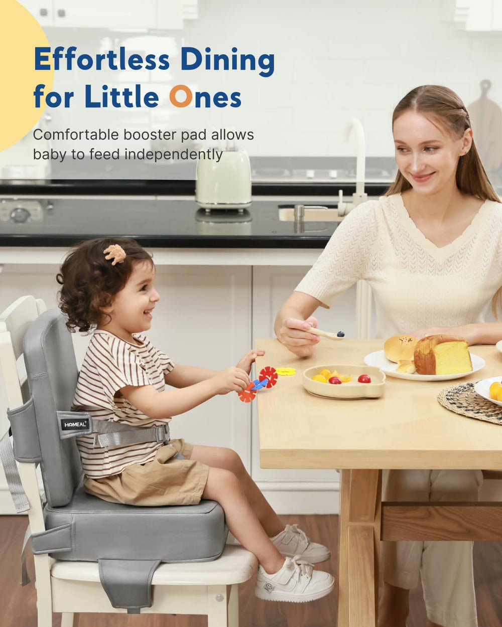 HOMEAL booster seat with breathable Leathaire fabric keeps toddlers cool during meals.