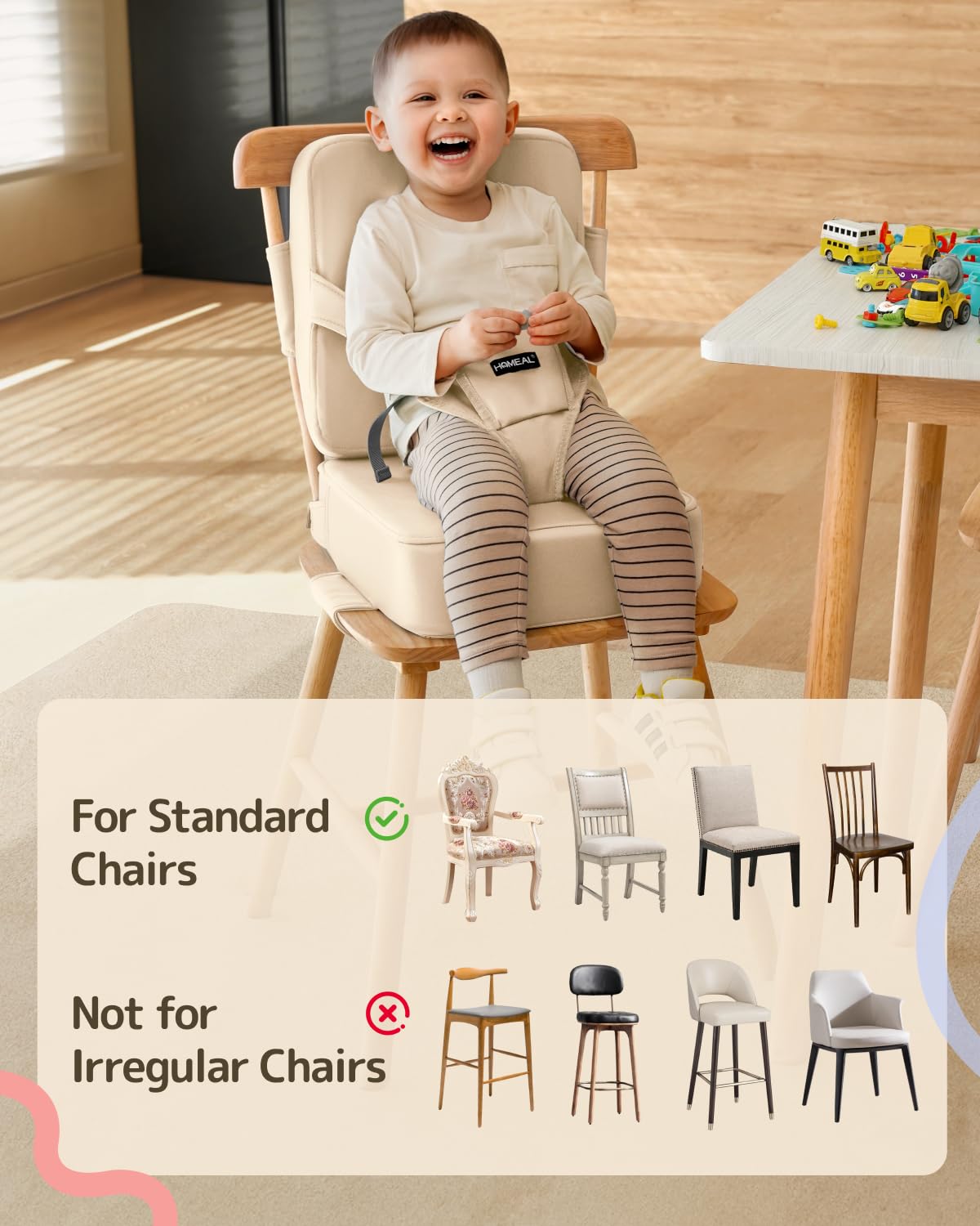 HOMEAL booster seat with non-slip base prevents sliding during meals