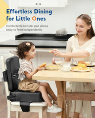 HOMEAL booster seat rests on non-slip base to prevent shifts during meals.