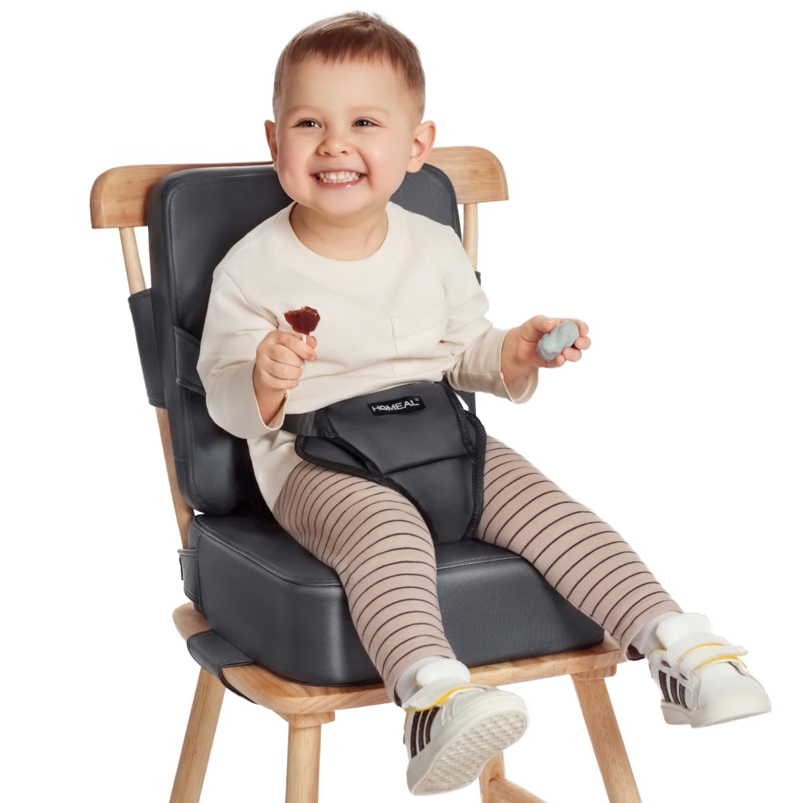 HOMEAL booster seat on chair in dark grey for secure toddler mealtimes at the table