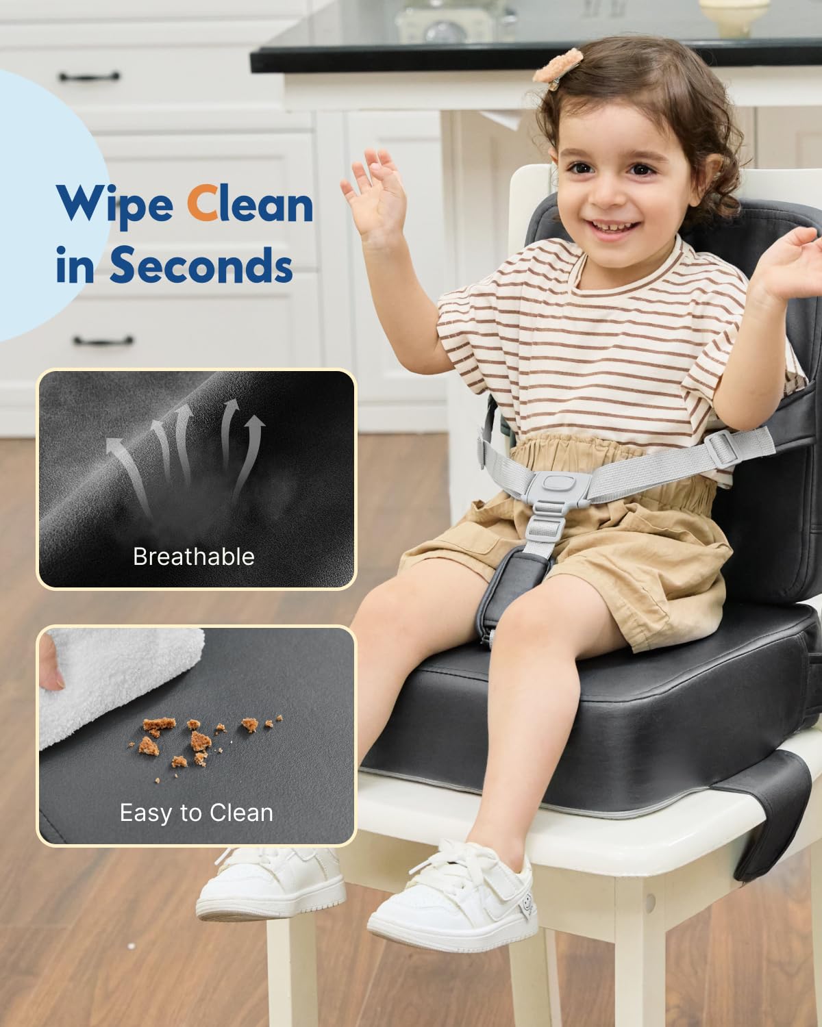 HOMEAL booster seat includes removable, machine-washable cover for easy cleaning.