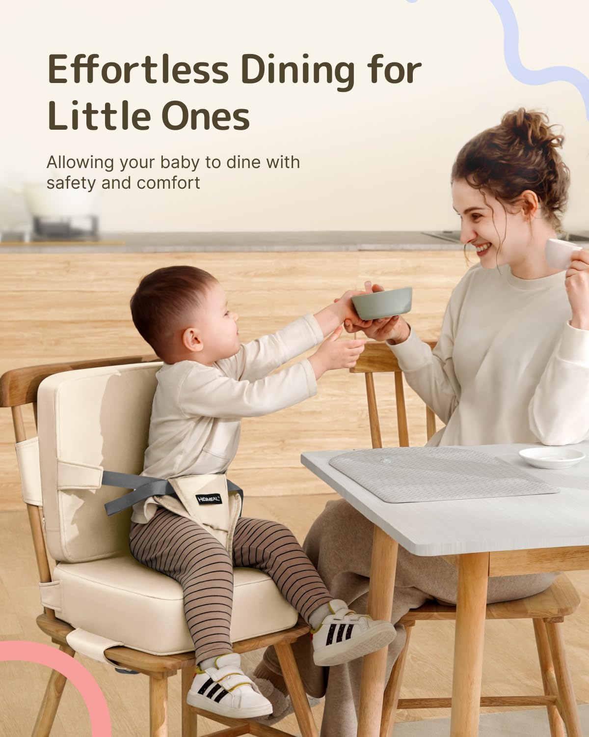 HOMEAL booster seat shows secure front buckle and adjustable straps on chair