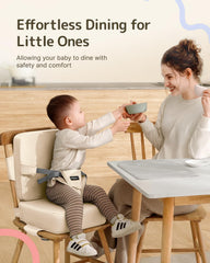 HOMEAL booster seat shows secure front buckle and adjustable straps on chair