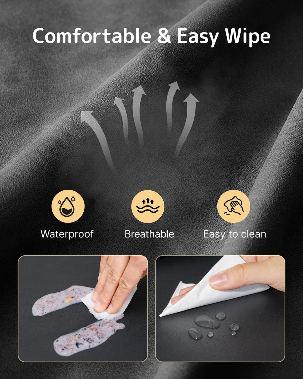 HOMEAL booster seat wipeable fabric close-up highlights easy spill cleanup after meals