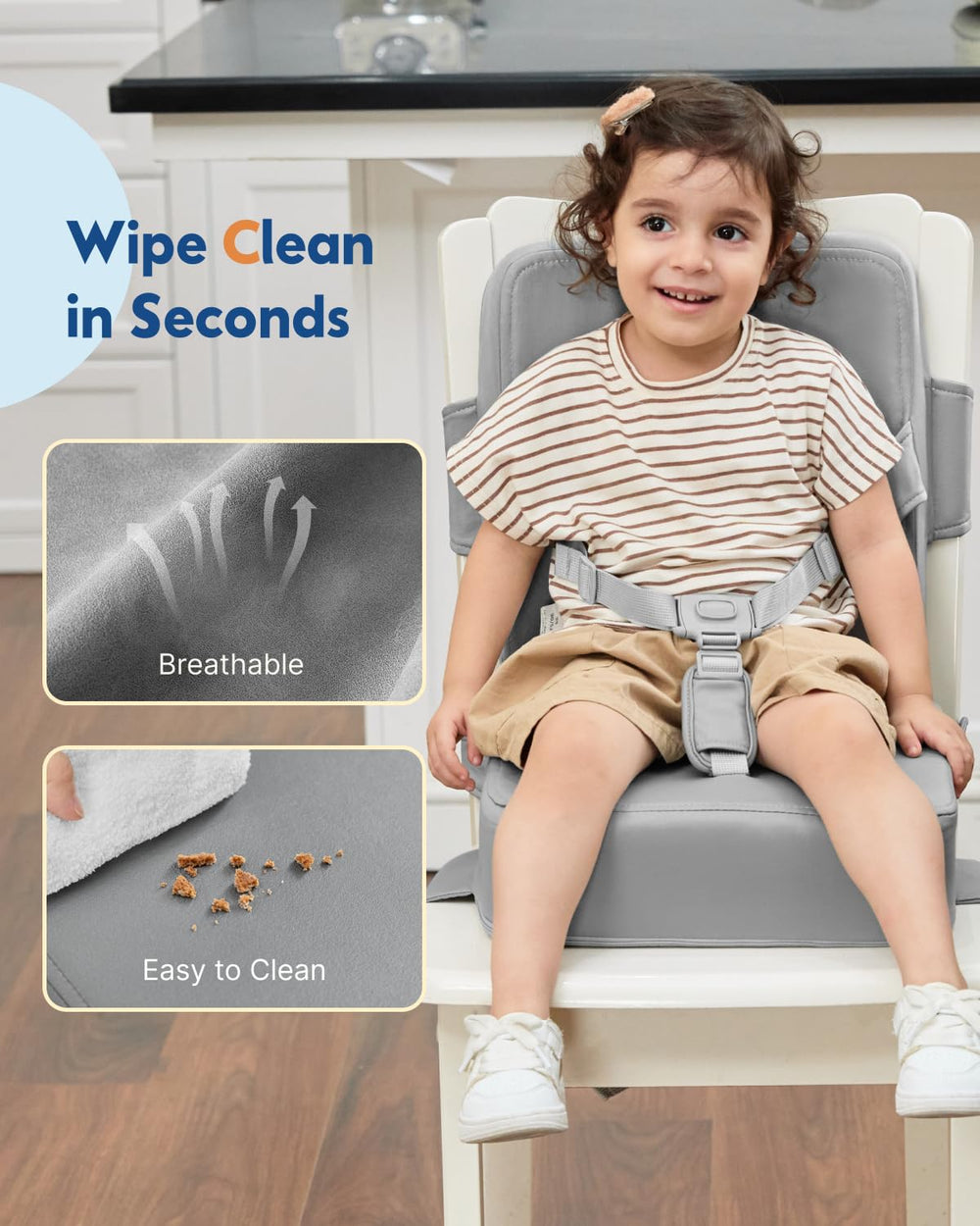 HOMEAL booster seat features a waterproof wipeable surface for quick cleanup after spills.