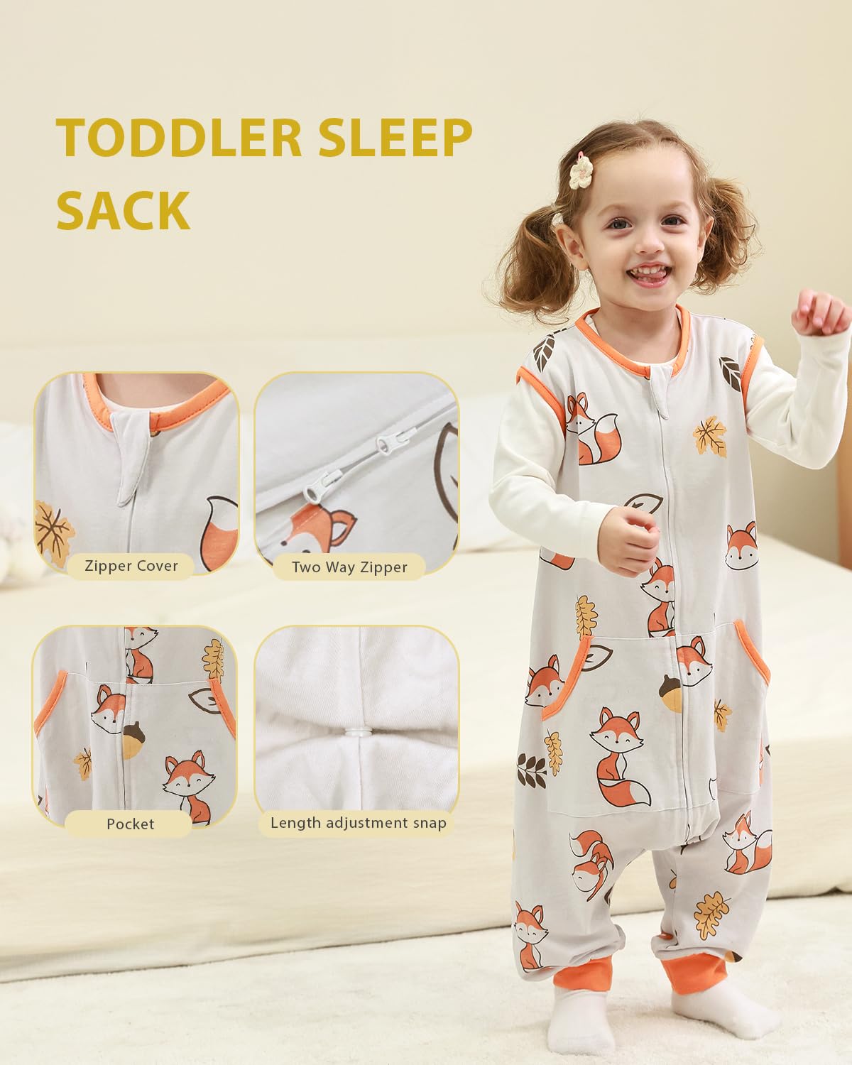 HOMEAL double-zipper sleep sack diaper-change view enables easy dressing.
