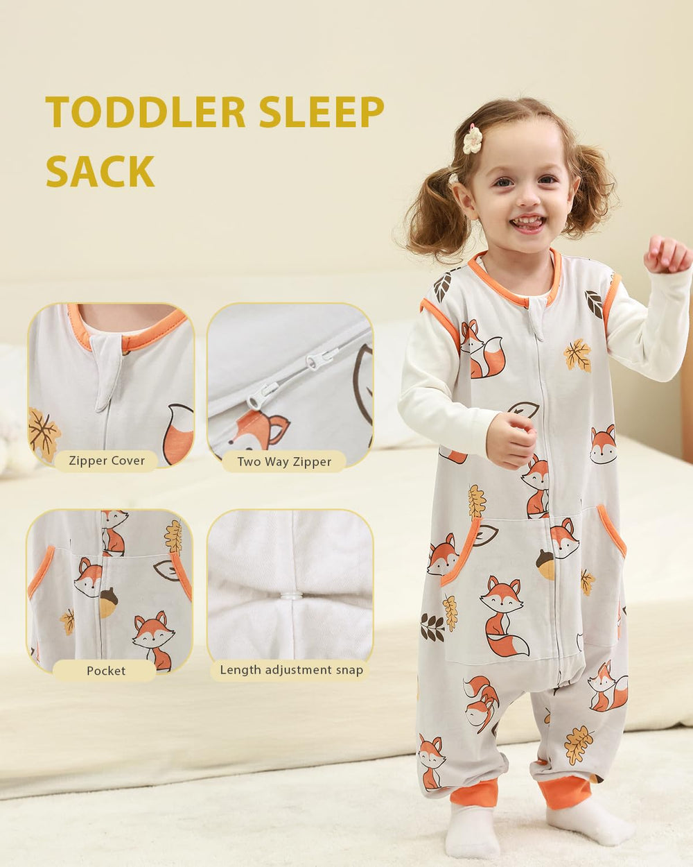 HOMEAL double-zipper sleep sack diaper-change view enables easy dressing.