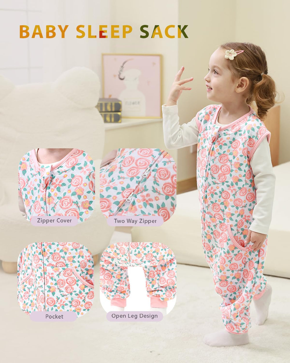 HOMEAL 1.0 Tog sleep sack with legs pink rose, foot openings for easy movement