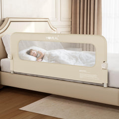 HOMEAL Toddler Bed Rails assembled view shows a sturdy 3-bar base for added safety