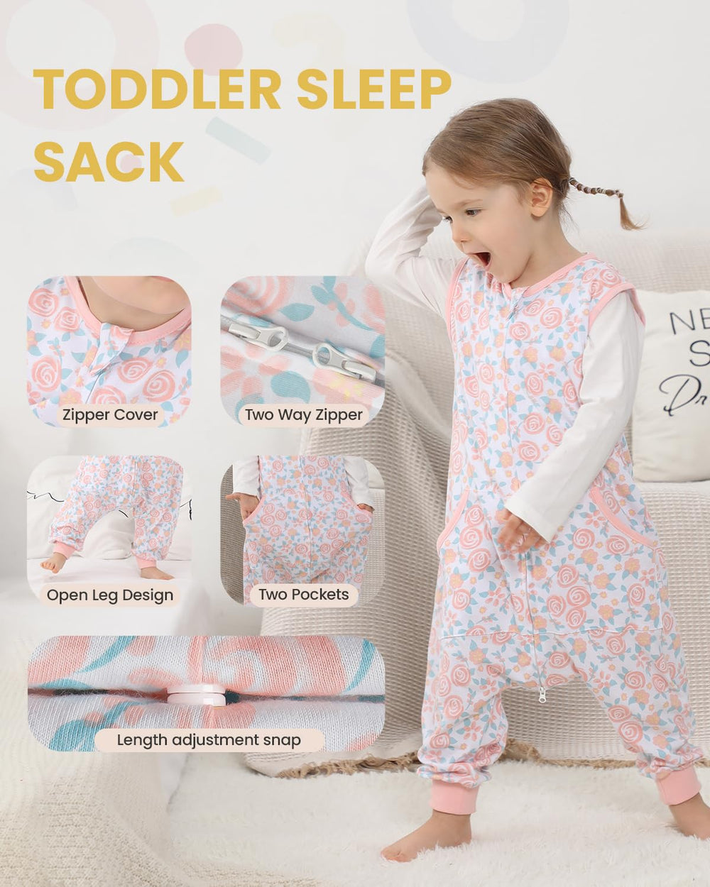 HOMEAL toddler sleep sack dual-zipper enables easy diaper changes.