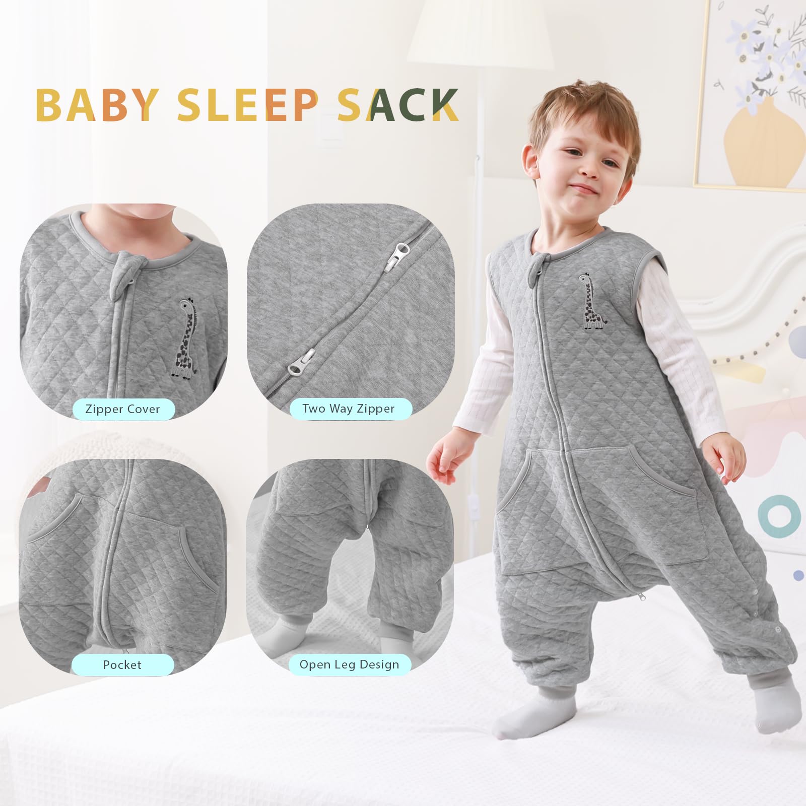 HOMEAL toddler sleep sack legs dual-direction zipper allows easy diaper changes