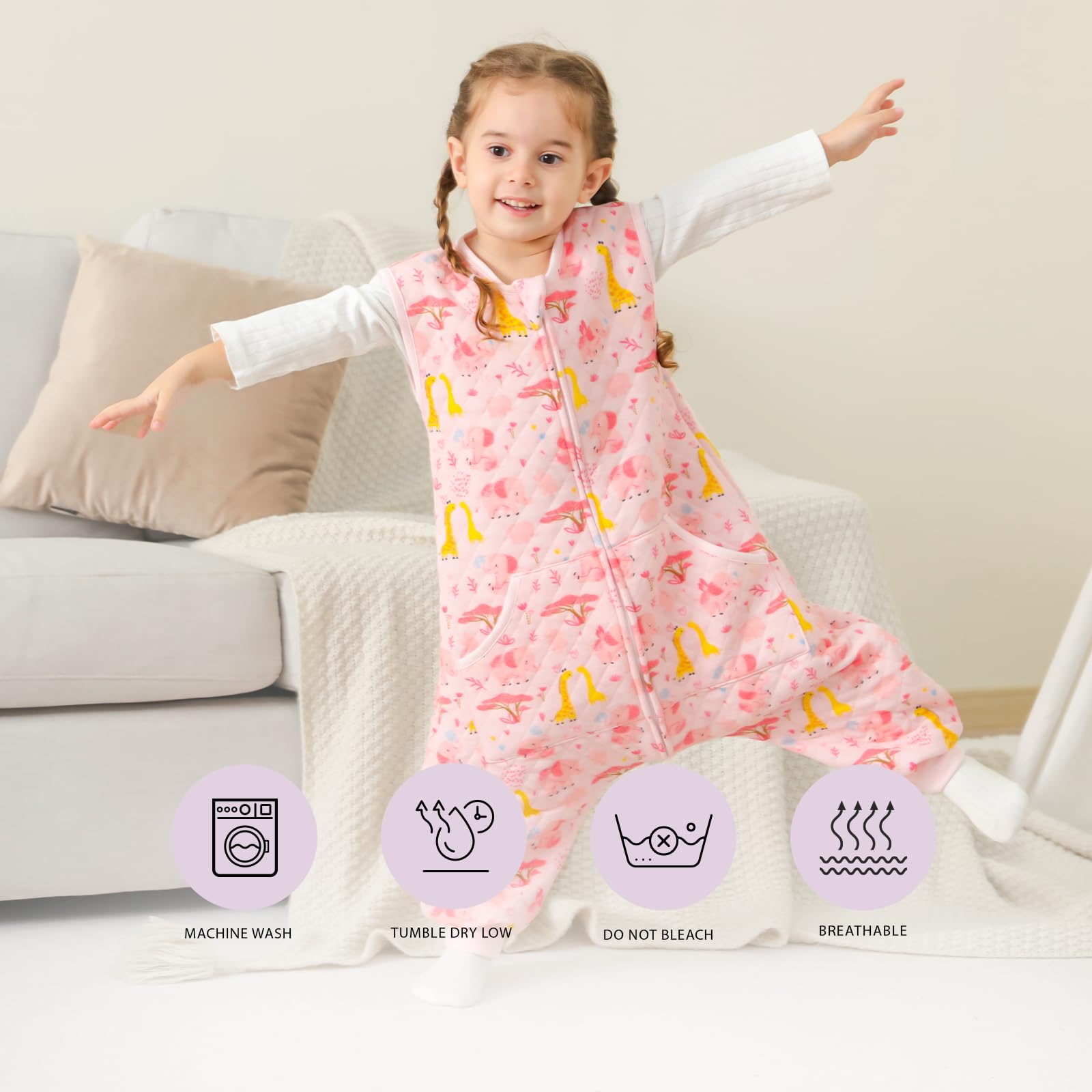 HOMEAL sleeping sack with legs demonstrates leg coverage for early walkers