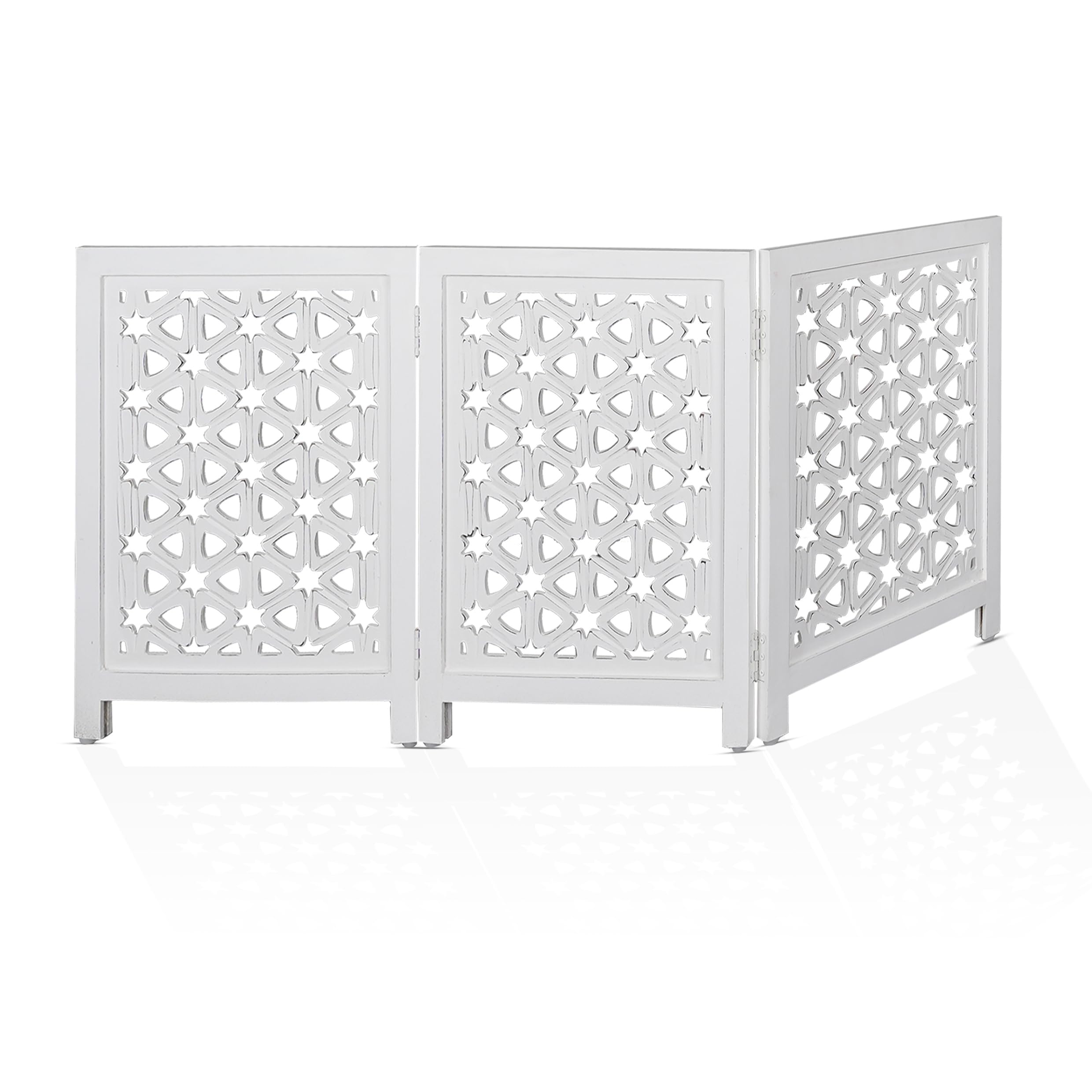 Homebia Designs wooden pet gate front view in extended position for wide openings.