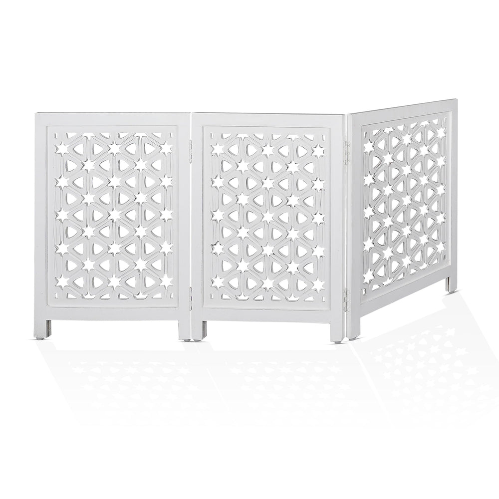 Homebia Designs wooden pet gate front view in extended position for wide openings.