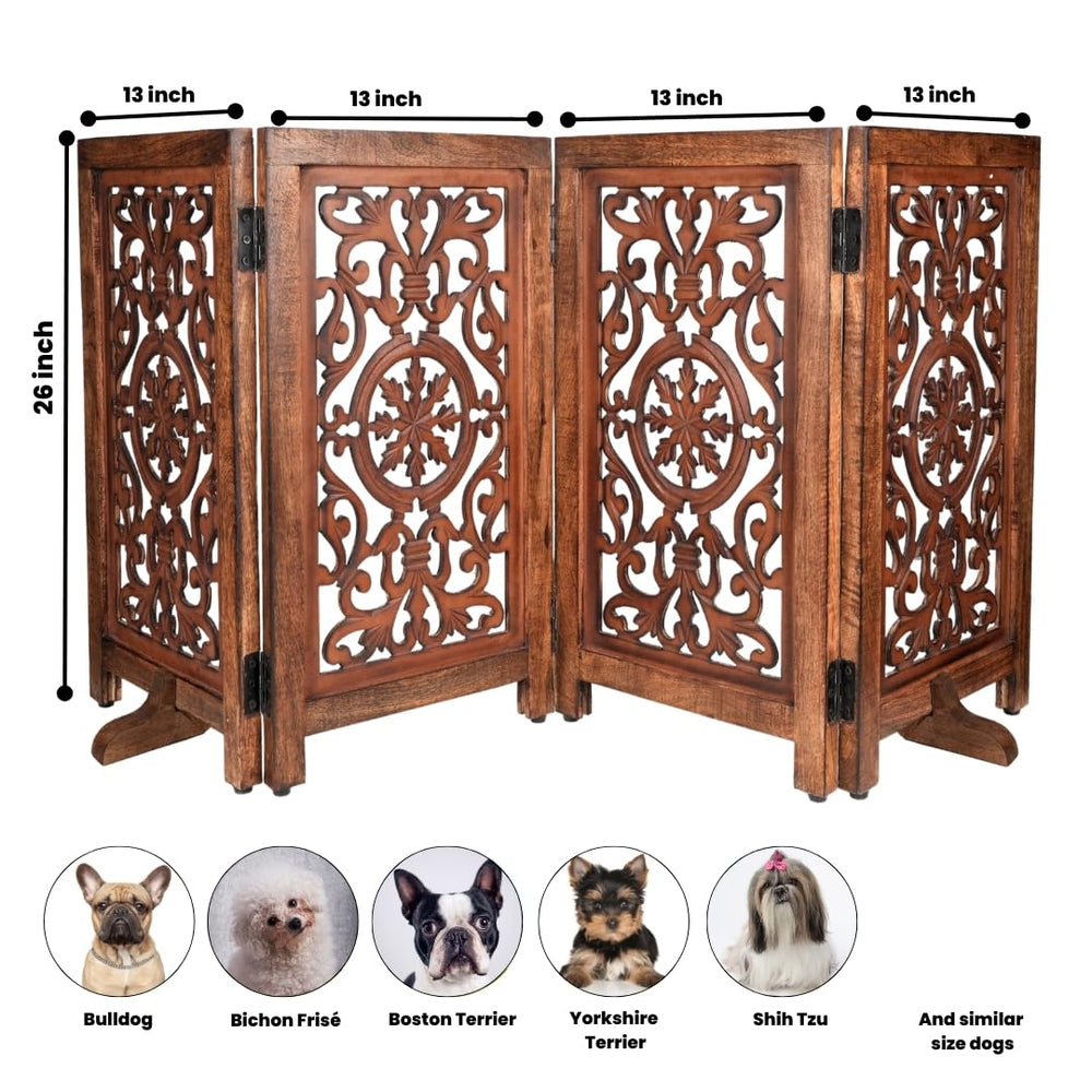Homebia Designs decorative wooden pet gate antique-burnt-finish, stylish pet barrier complements interior decor.