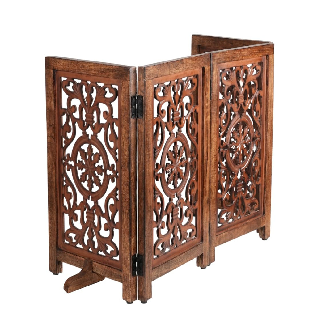 Homebia Designs decorative wooden pet gate closed, sturdy doorway barrier for safe indoor pet pacing.