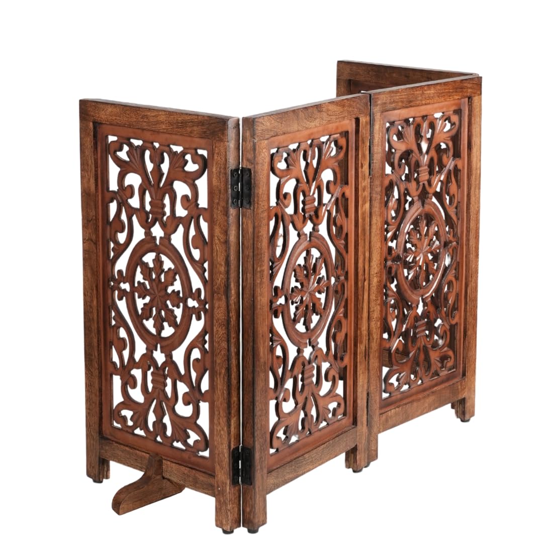 Homebia Designs decorative wooden pet gate closed, sturdy doorway barrier for safe indoor pet pacing.
