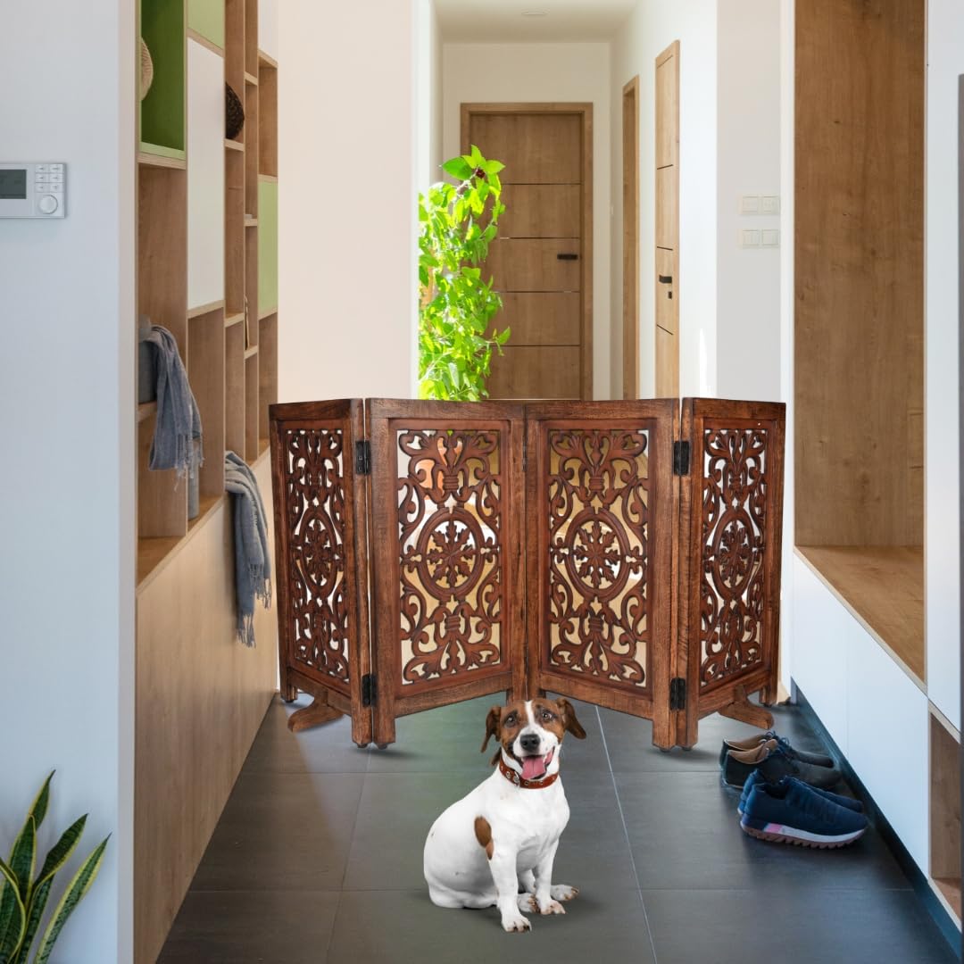 Homebia Designs decorative wooden pet gate folded-storage, easy to tuck away when not in use.