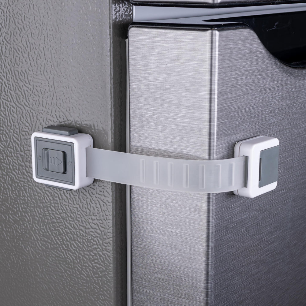 HomeBrella 2-pack fridge lock adhesive secures doors to keep curious toddlers safe.