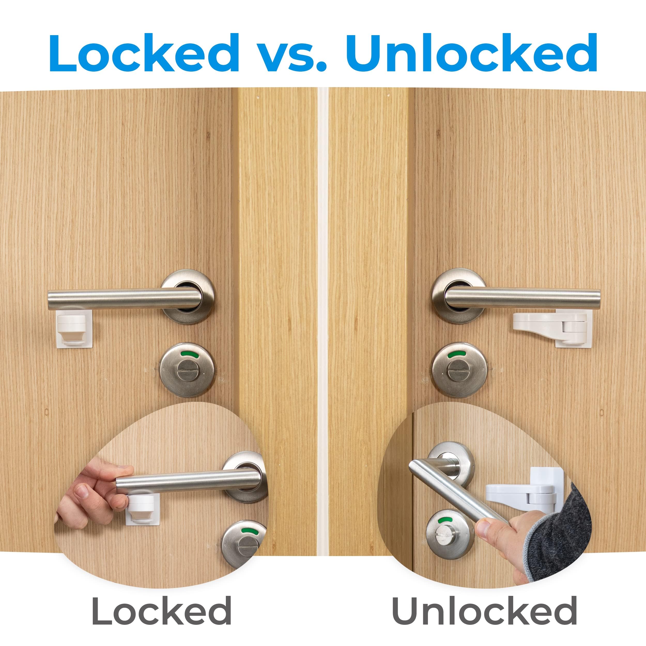 HomeBrella adhesive tab application on a door lever for tool-free install.