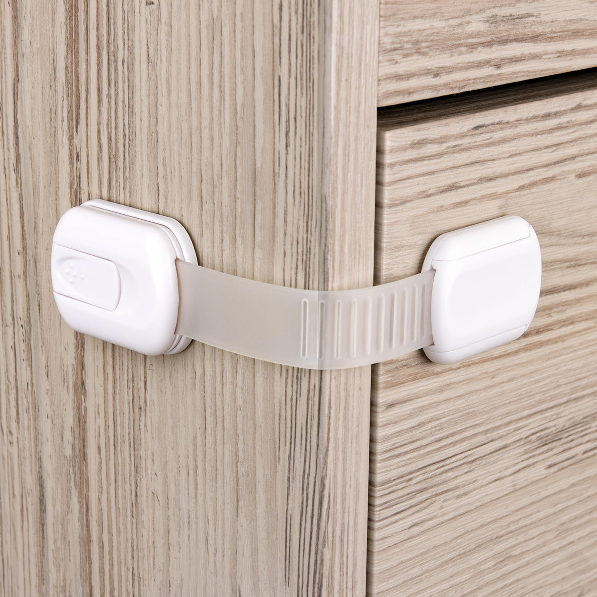 HomeBrella 6-pack cabinet locks close-up showing sturdy adhesive for childproof safety.