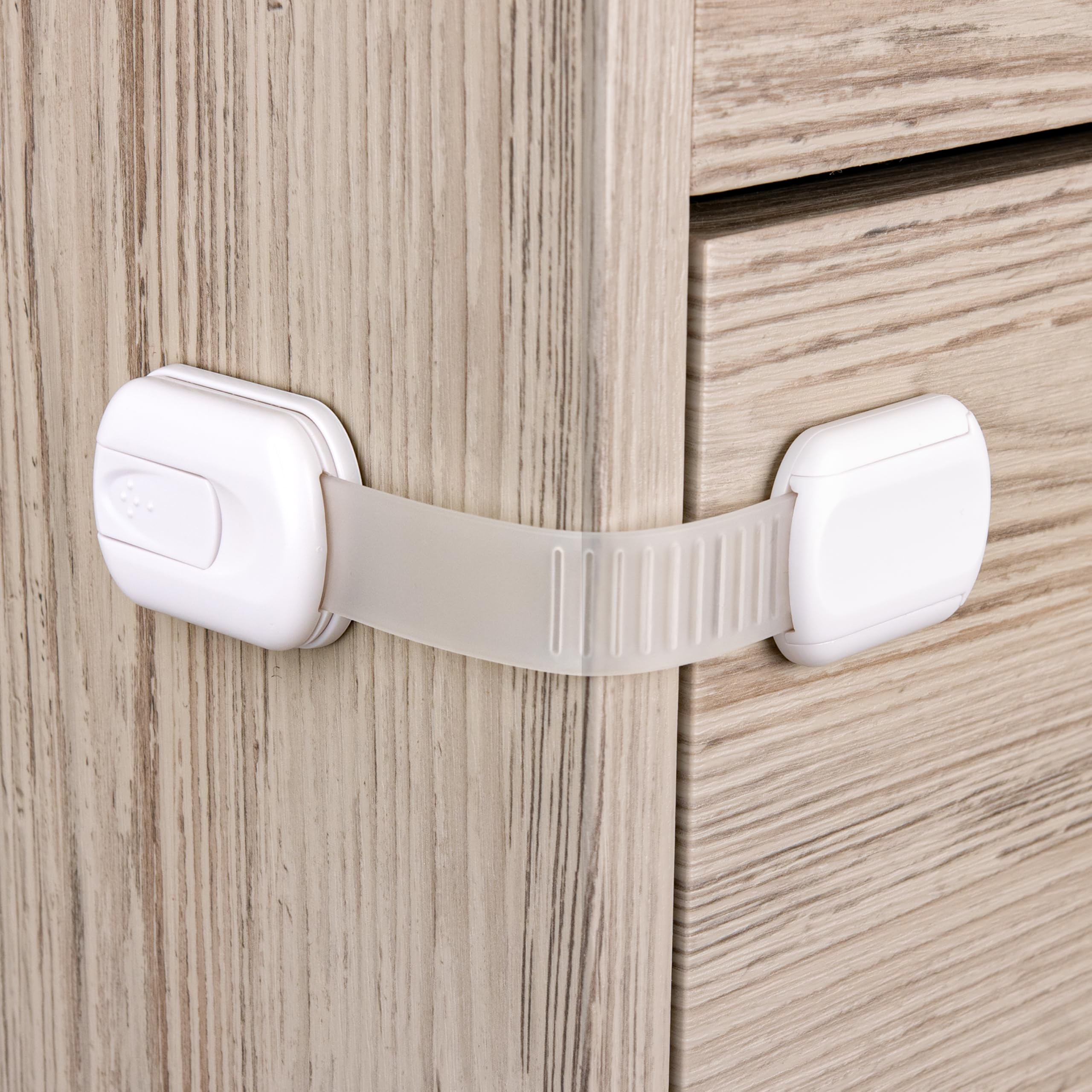 HomeBrella cabinet locks installed on a drawer for safer access.