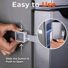 HomeBrella fridge lock installs without tools using adhesive pads for quick setup.