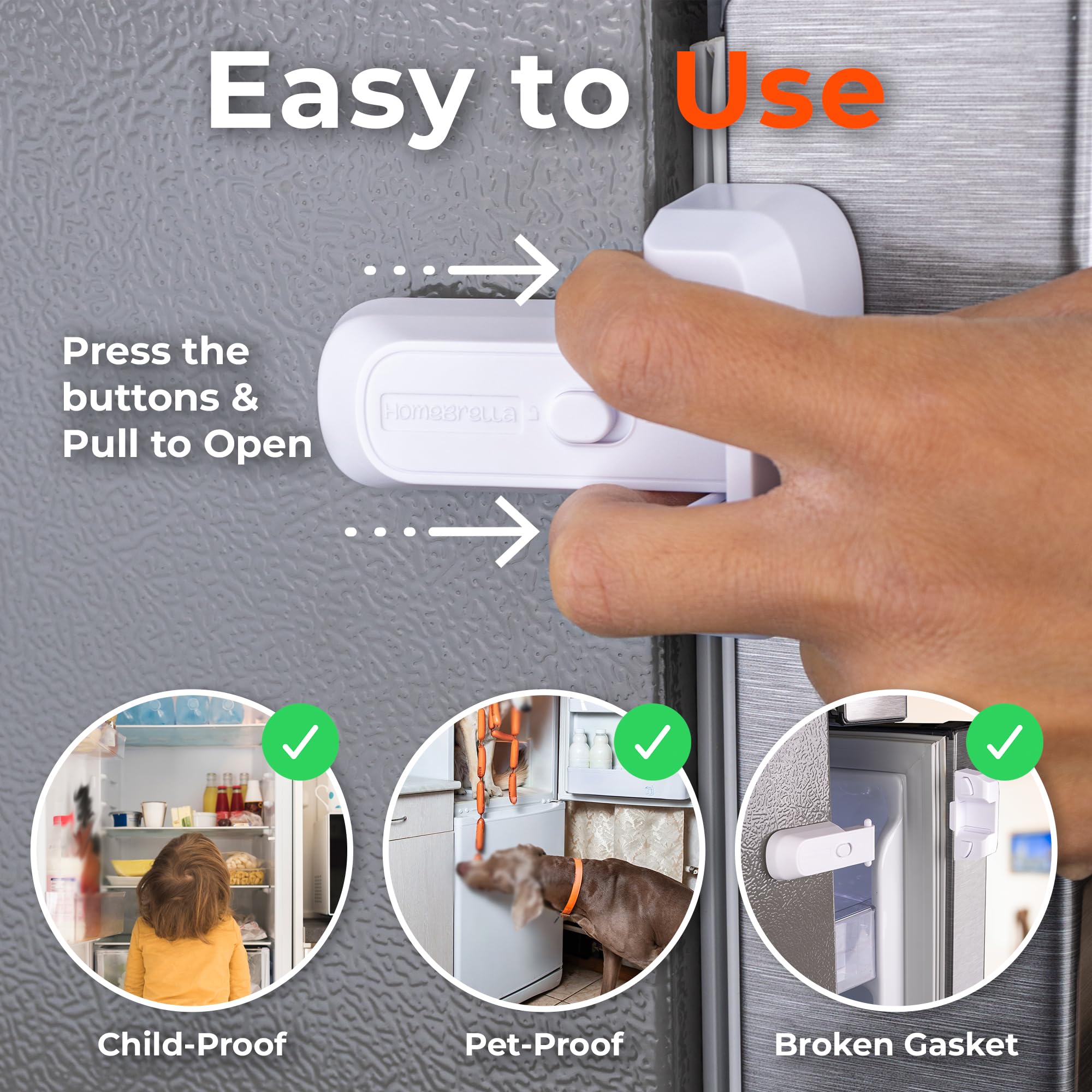 HomeBrella fridge lock adhesive-pad closeup shows strong no-drill mounting