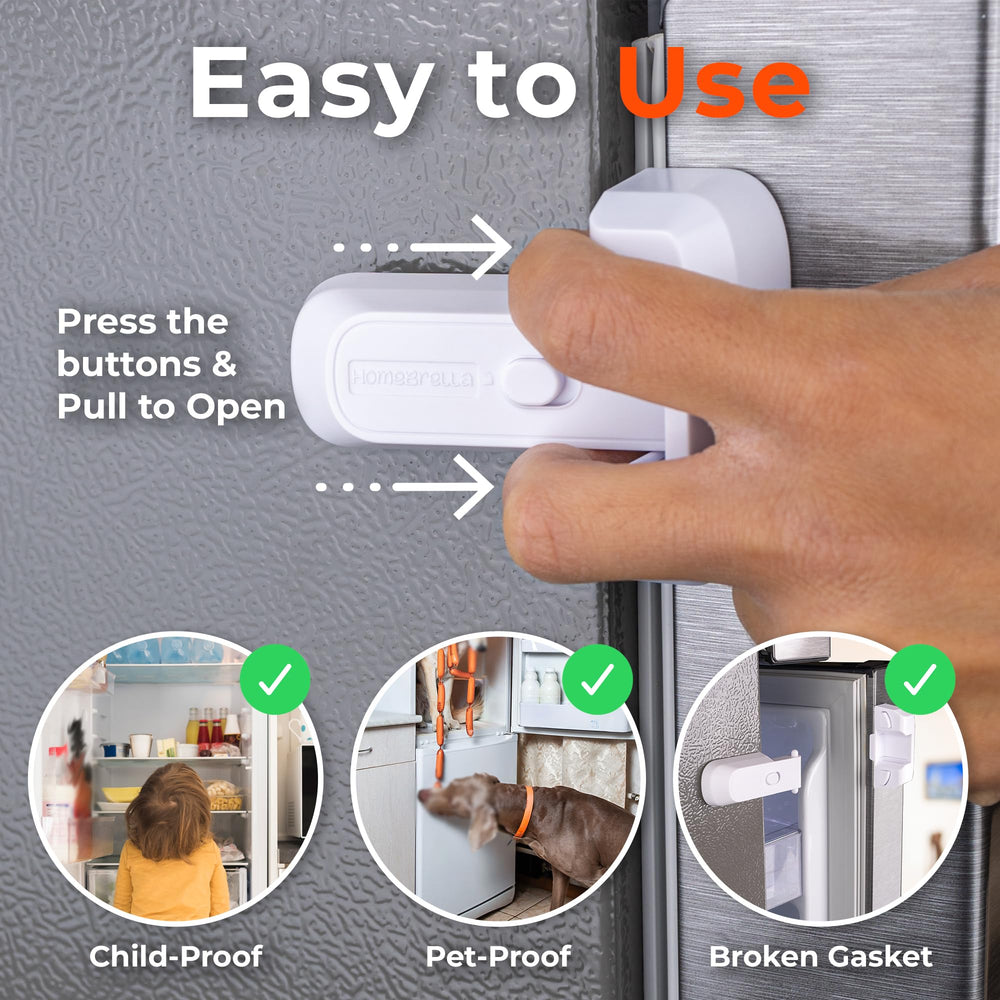 HomeBrella fridge lock adhesive-pad closeup shows strong no-drill mounting