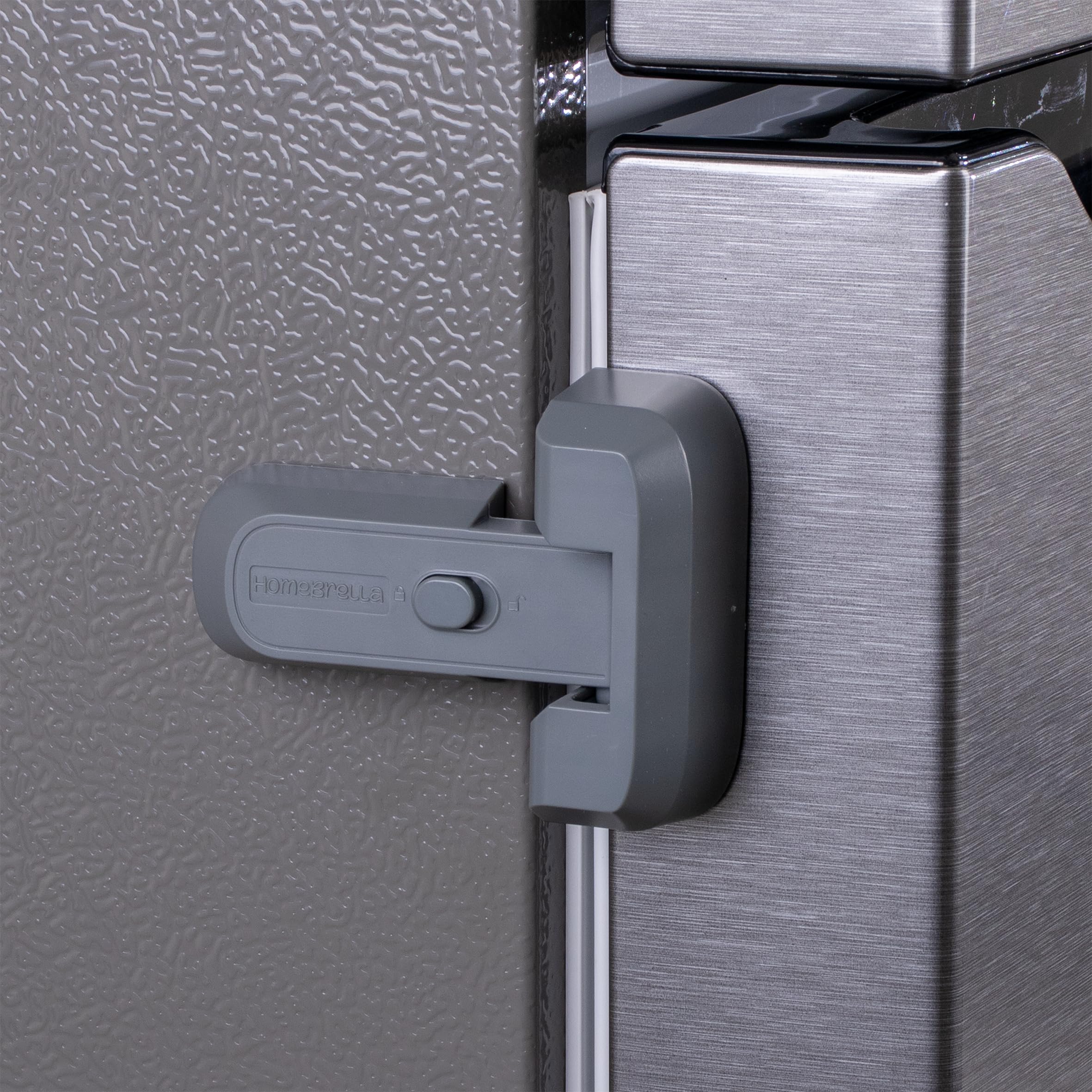 HomeBrella fridge lock with adhesive being installed on a fridge door.