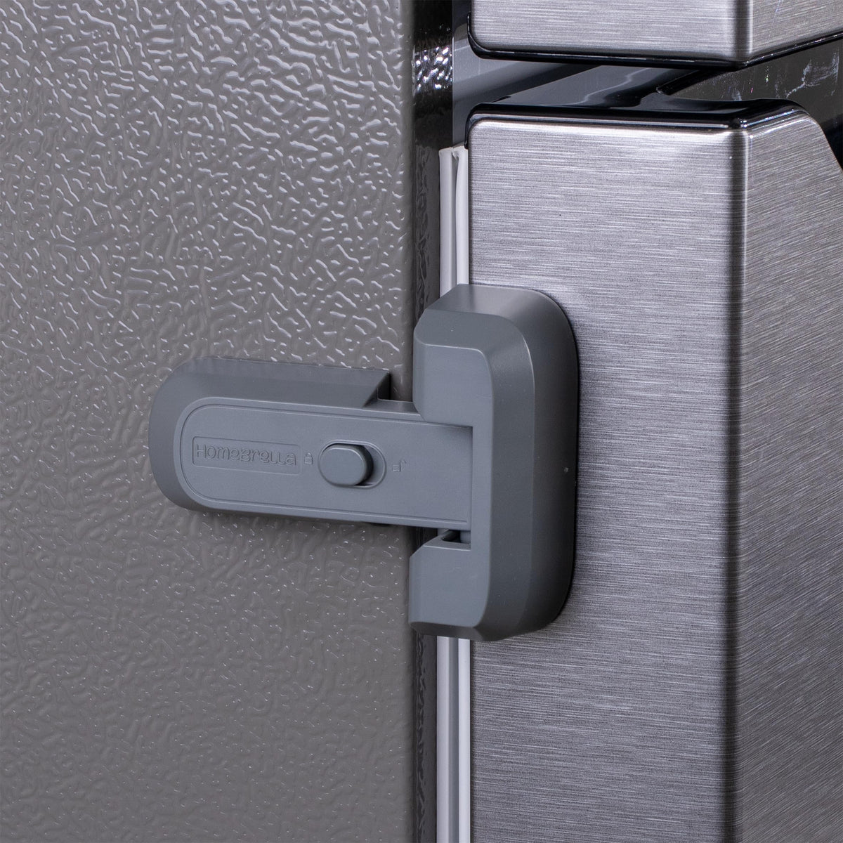 HomeBrella fridge lock with adhesive being installed on a fridge door.