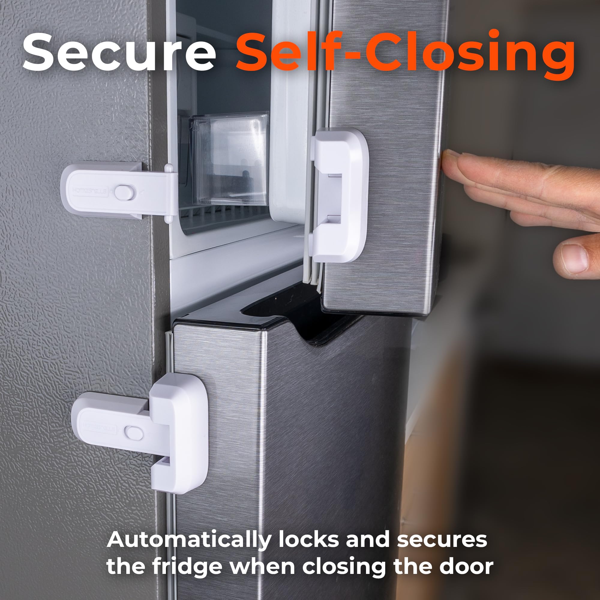 HomeBrella fridge lock installed on fridge illustrates automatic self-locking