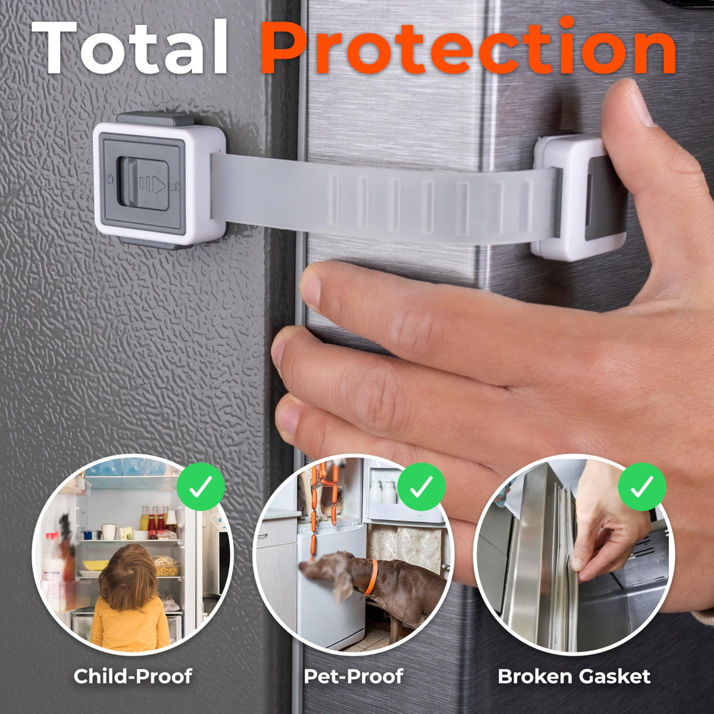 HomeBrella fridge latch with side buttons unlocks easily, convenient for frequent access.