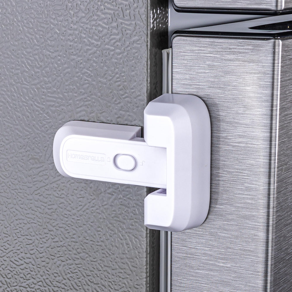 HomeBrella fridge lock white front view demonstrates tool-free kid safety